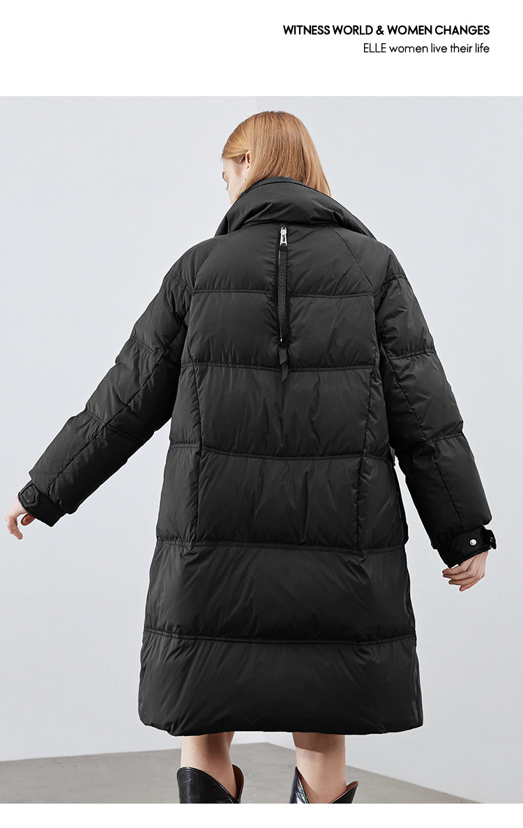 elle 2020冬季新款绗线防跑绒大口袋高领中长款羽绒服女 卡其色 m