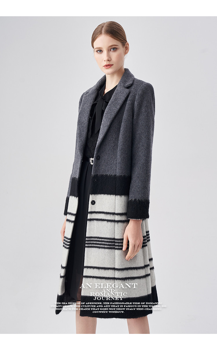 马天奴myteno 简约优雅时尚通勤黑白条纹羊毛长外套毛呢大衣 黑色 l