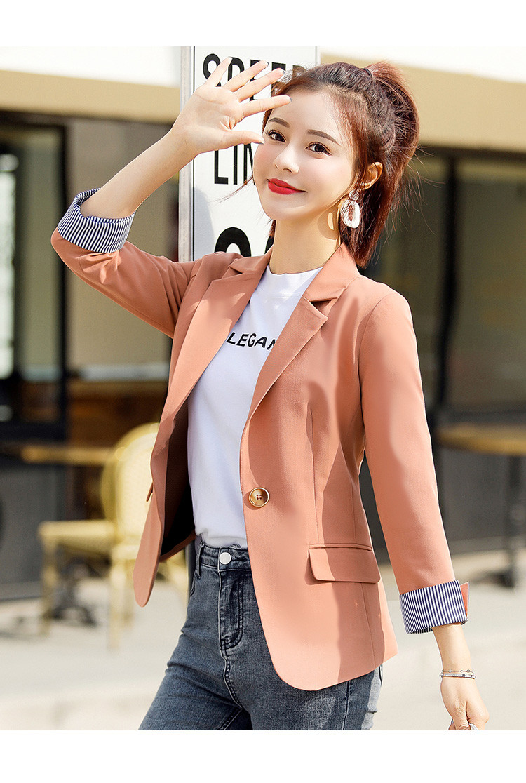 西装外套女2020秋装新款韩版三十休闲百搭条纹拼接女式外套 橘粉色 m