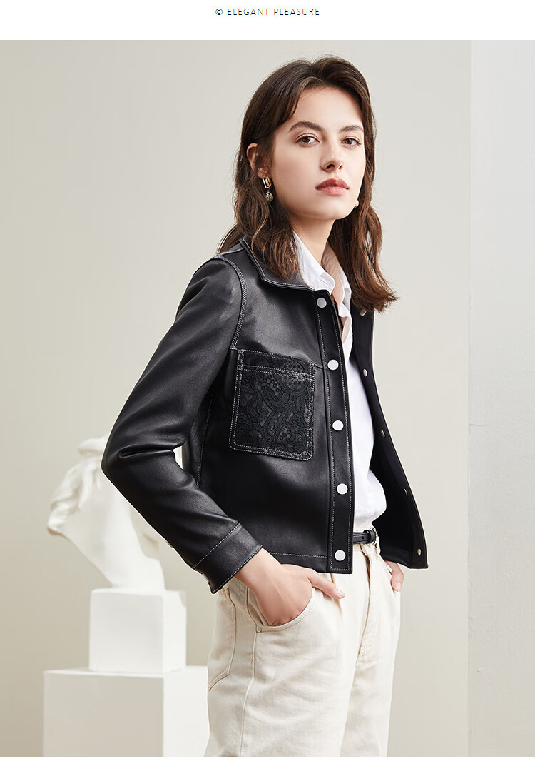 雪豹 高弹个性贴袋单排扣真皮皮衣女士外套 黑色 38