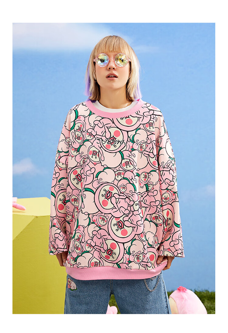 unifree 屁桃君联名款21春新款卡通图案拼接个性可爱减龄休闲套头卫衣