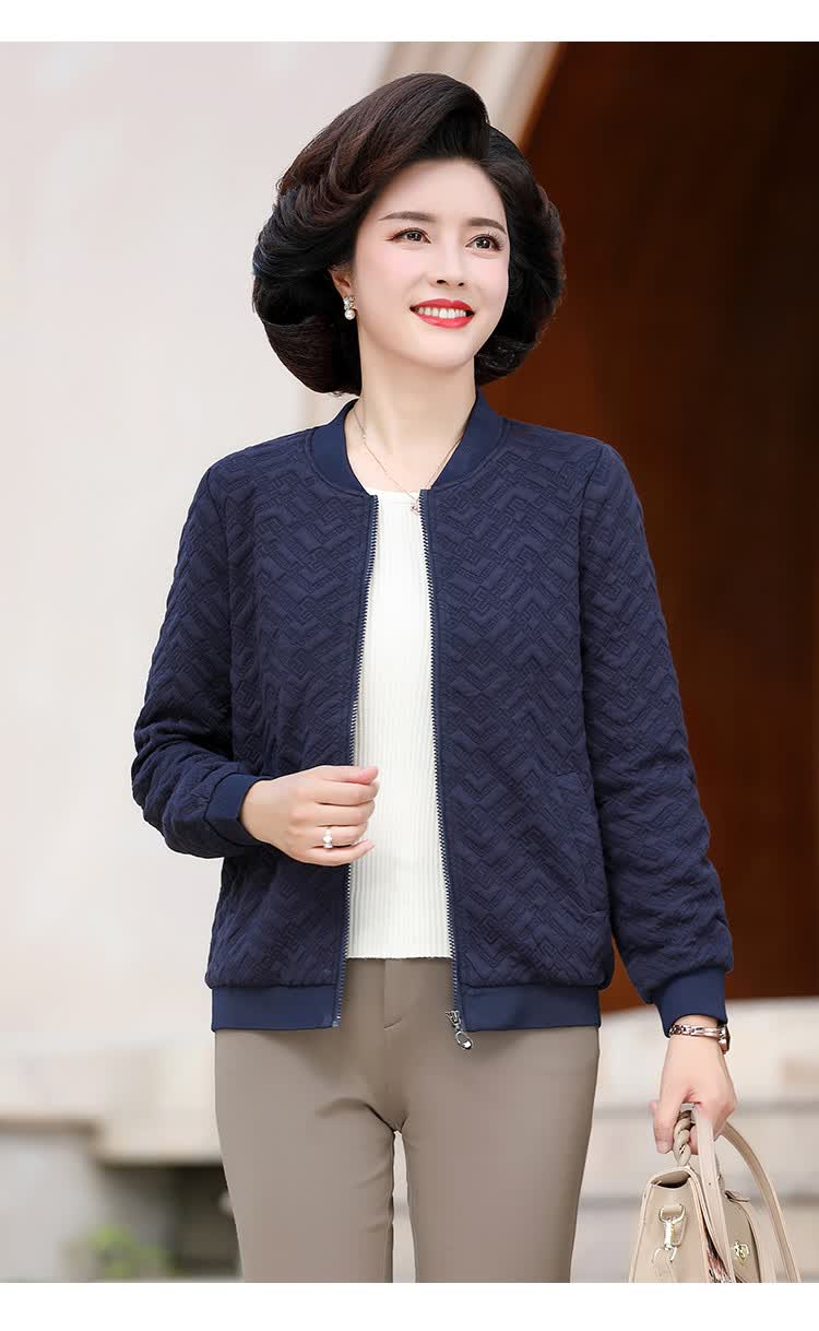 茜韵婡秋季2021中老年女装休闲棒球领夹克百搭提花妈妈装外套藏青色