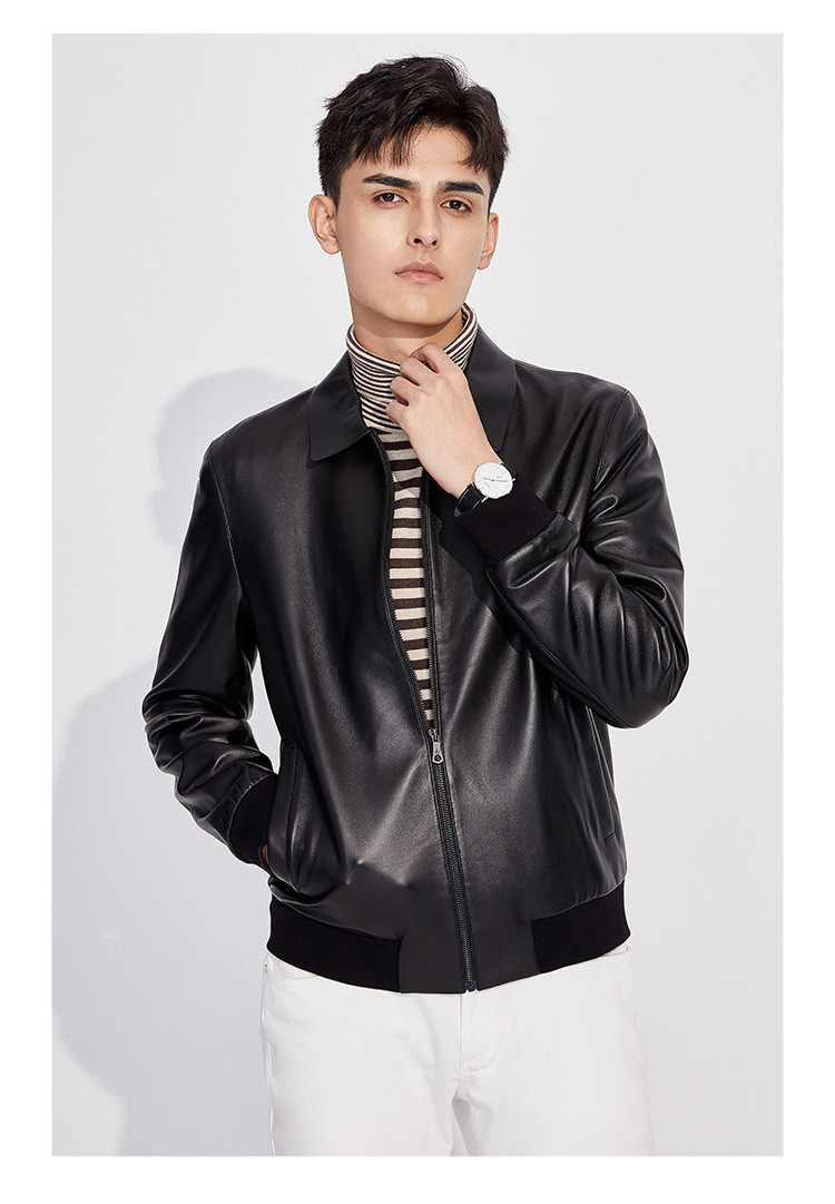 纳维凯尔navigare 意大利小帆船 春季新款时尚柔软真皮男士翻领皮衣