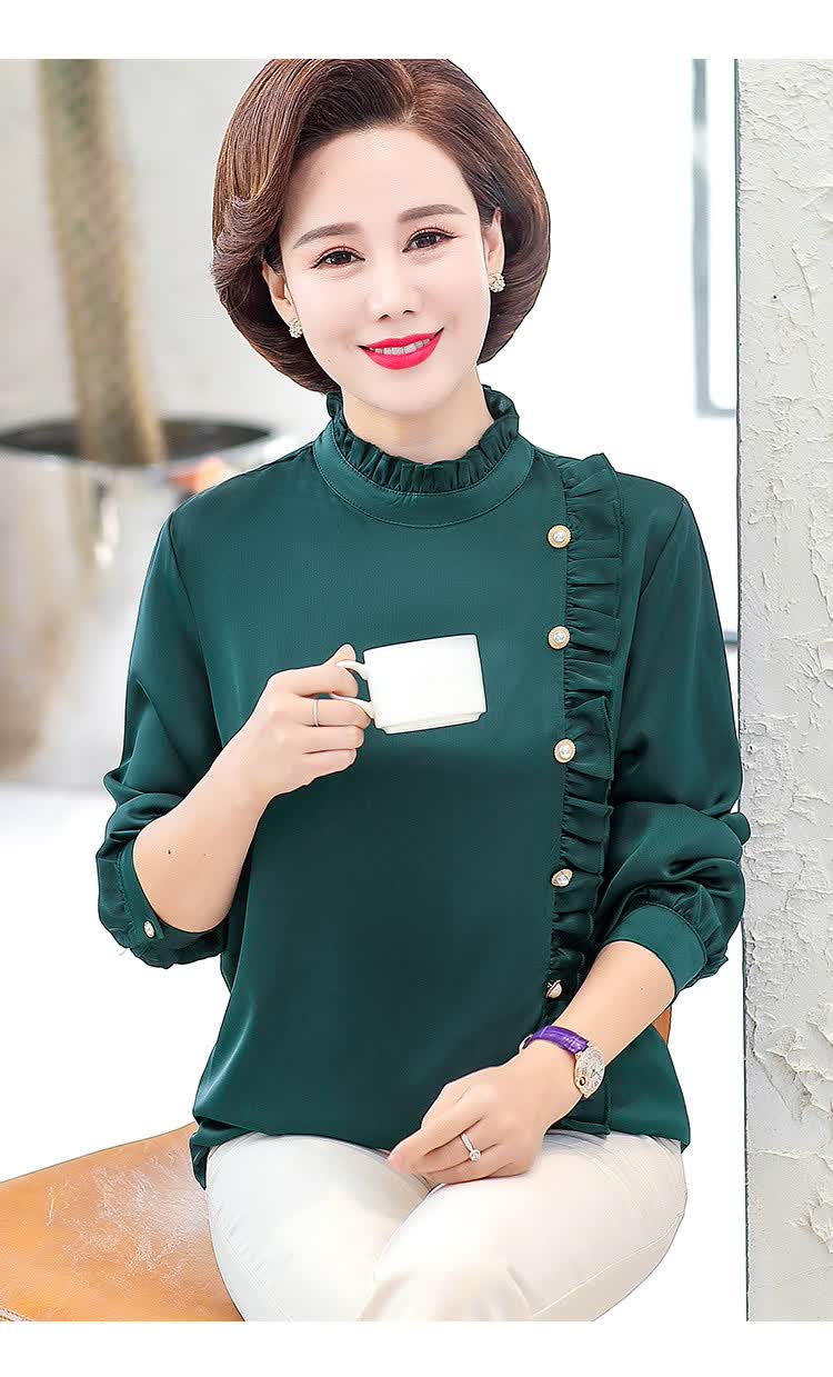春季新品中老年妈妈装女装气质高雅木耳边立领长袖春装通勤衬衫 绿色