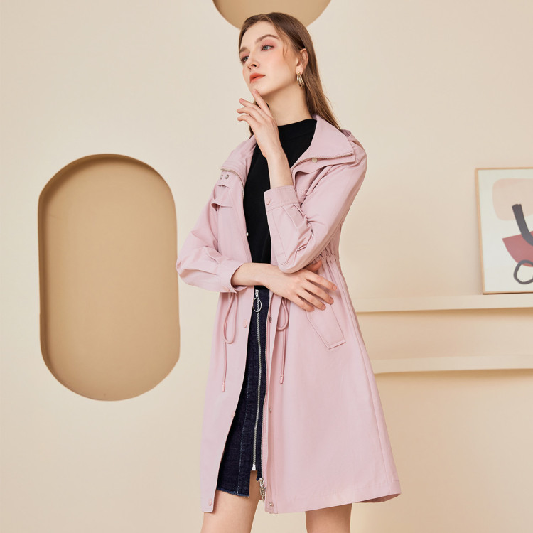 佳人苑jry 2021【春装新品】时尚纯色抽绳收腰设计连帽风衣外套女