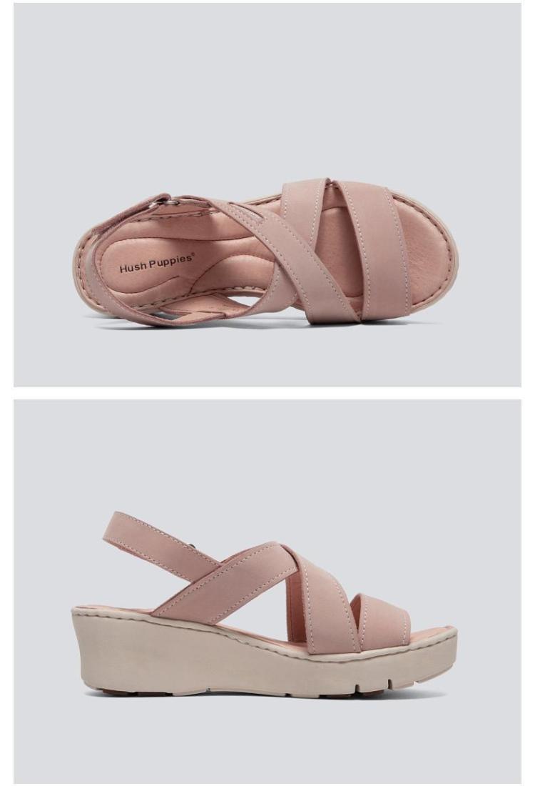 暇步士hush puppies 夏新款女鞋舒适休闲一字带坡跟女士凉鞋 卡其色