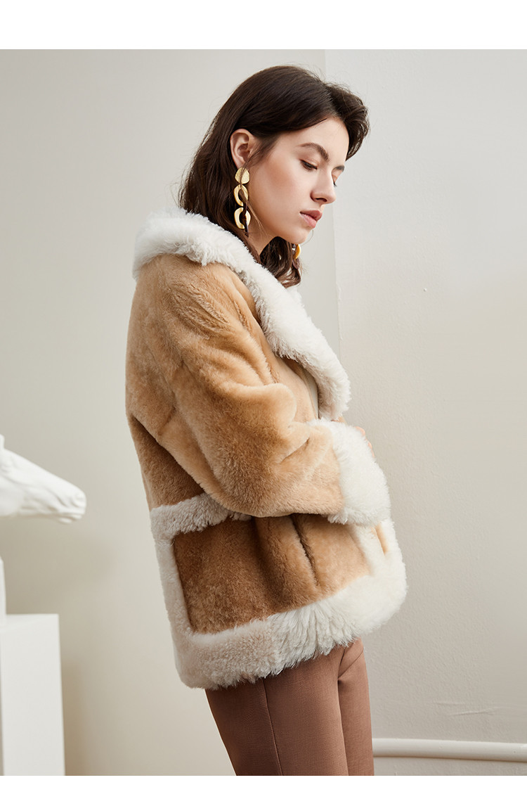 雪豹2020新款创意可拆拼色翻领中长款羊皮毛一体女皮草外套 拼色 38