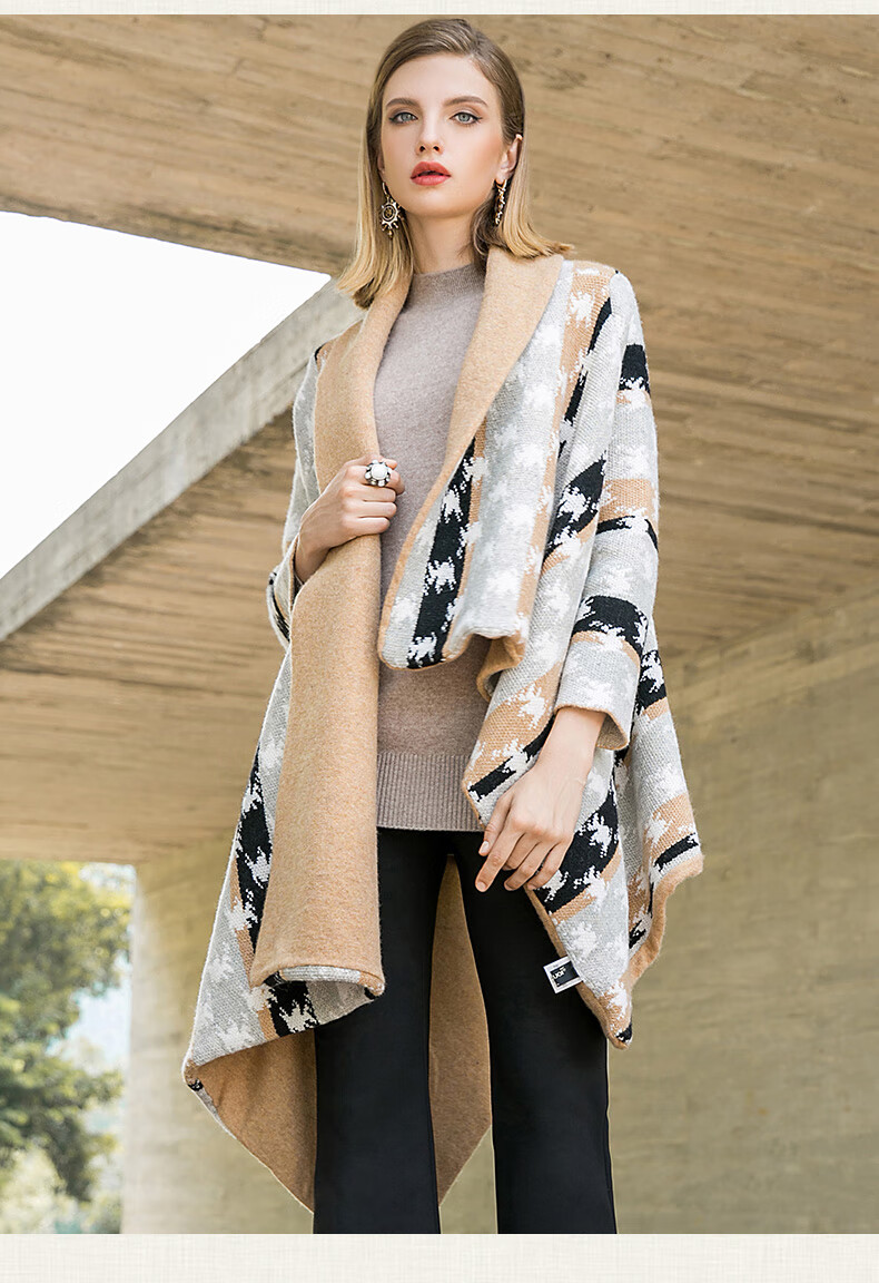 羊毛披肩流行大衣女秋冬新款时尚印花不对称坎肩披肩羊毛毛呢外套宽松