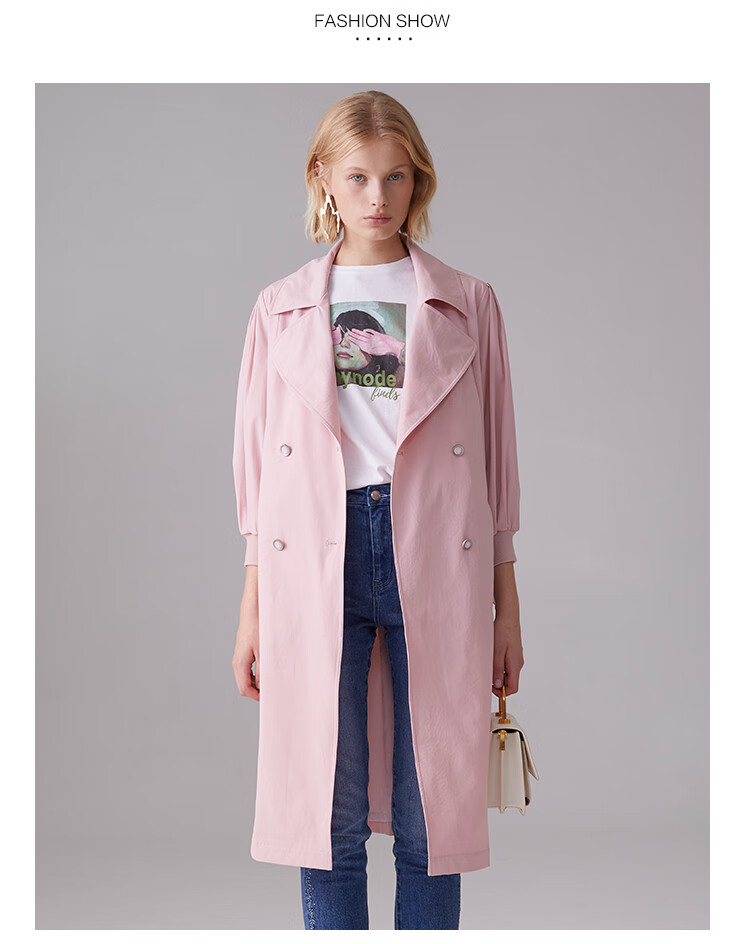 蔓诺蒂my.node 2021春新款大翻领收腰泡泡袖风衣女外套 米杏 s