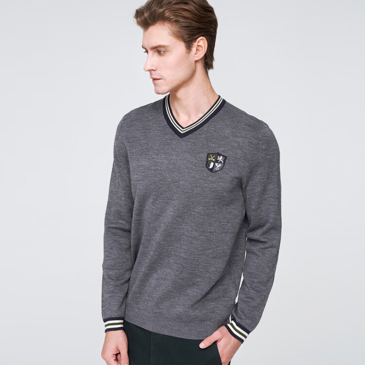 梵思诺versino 春季男装年新款小v领纯色套头羊毛毛衣男针织衫 蓝色