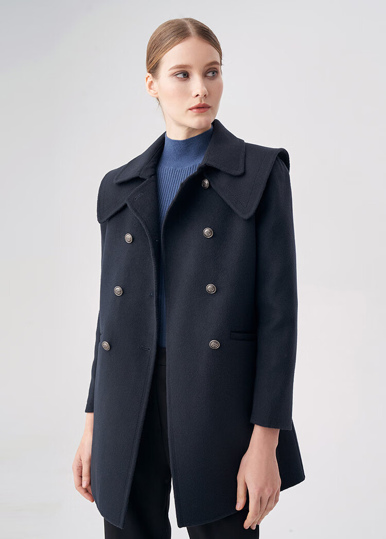 马天奴myteno 英伦风纯色长袖中长款翻领h型女式大衣毛呢大衣 夜幕兰