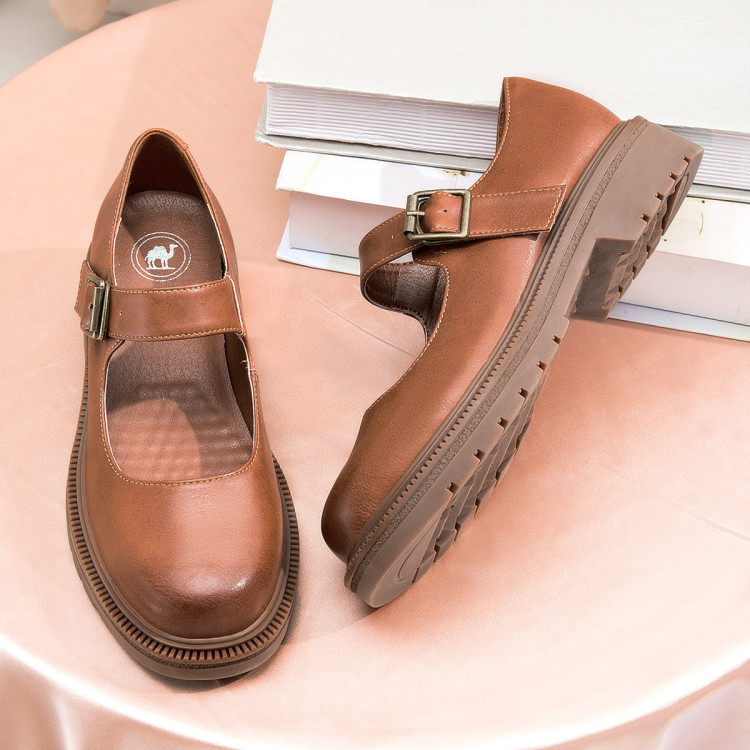 骆驼牌cameljeans 女鞋2021新款赫本鞋复古一字扣单鞋厚底休闲女皮鞋