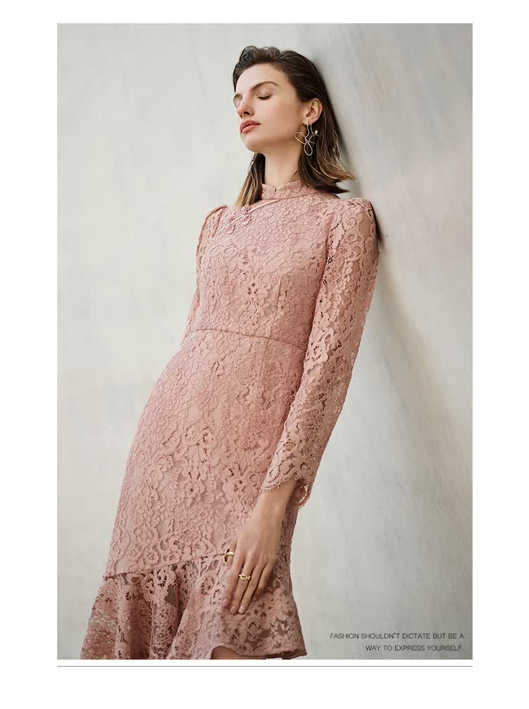 华欧秀evaouxiu 2020春季女装新款时尚棉质鱼尾裙修身蕾丝长袖连衣裙