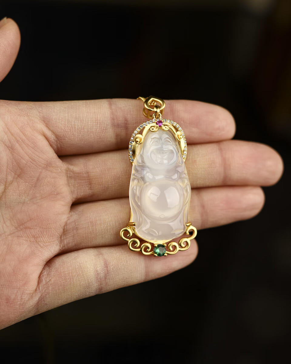 ka433号cd20冰透玉髓大肚弥勒佛项链吊坠