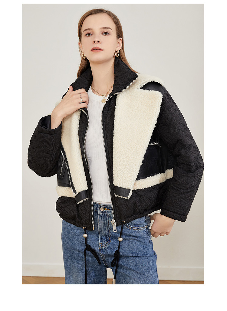 雪豹2020冬季新款翻领拼接皮毛一体外套皮草 黑白色 38