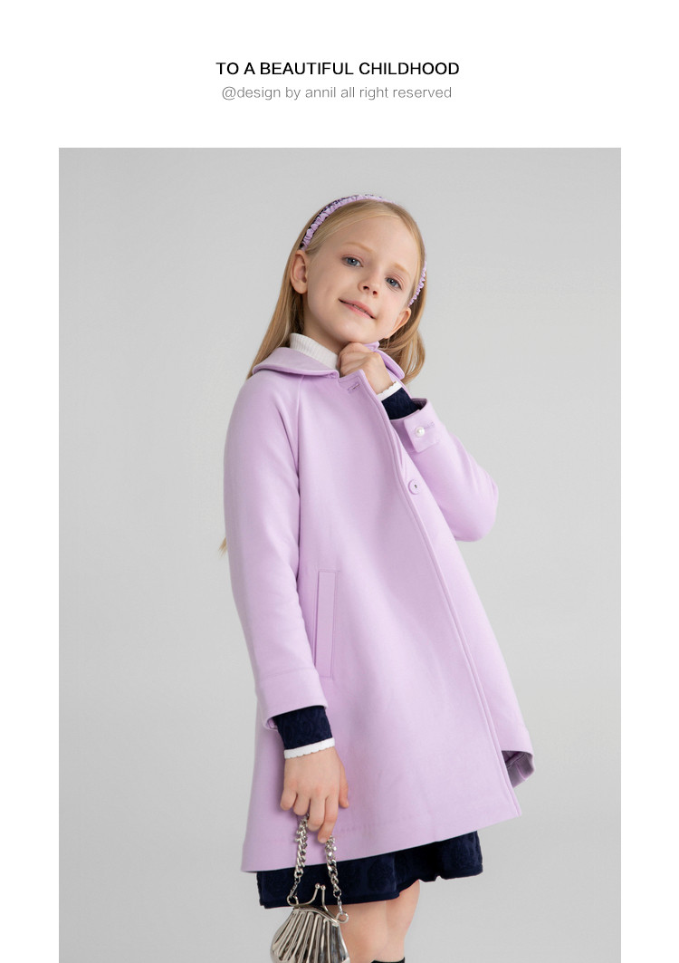 安奈儿annil童装女童风衣中长款2021秋冬新款韩版女孩保暖外套蝴蝶紫