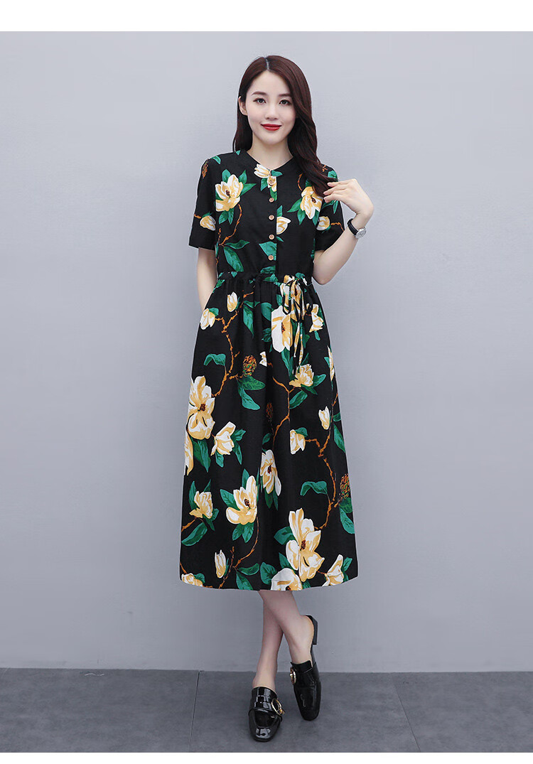 村上春csspring 纯棉连衣裙女夏季新款短袖碎花连衣裙女中长款旗袍