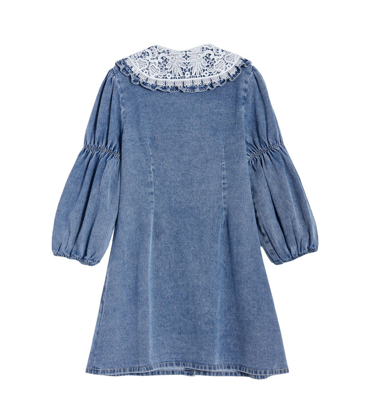 韩都衣舍 牛仔连衣裙女2021春装新款可拆卸双层领莲藕袖裙子 蓝色 l