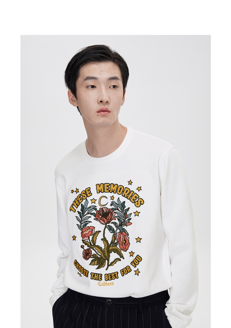 卡宾cabbeen 春秋男款卫衣男式卫衣复古花卉刺绣套头卫衣男长袖t恤 煤