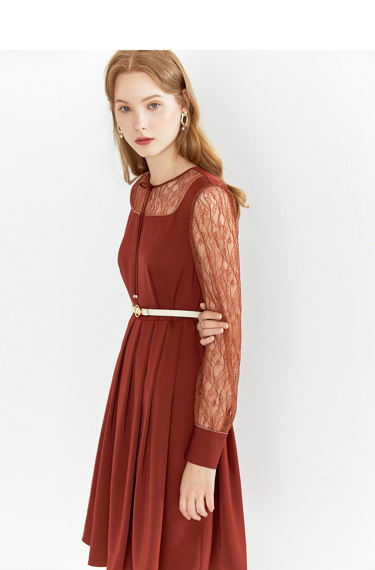 音儿yiner 女装2020秋季新款时尚钩花镂空蕾丝拼接收腰连衣裙 焦糖 40