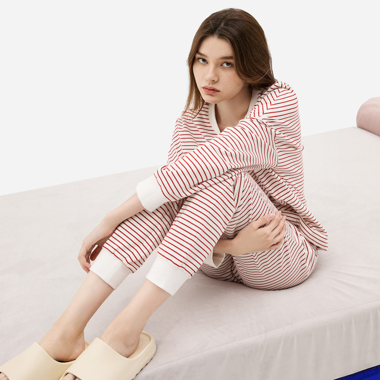 睡衣女士春秋长袖棉质家居服休闲条纹女士睡衣/家居服 灰白条 xxl