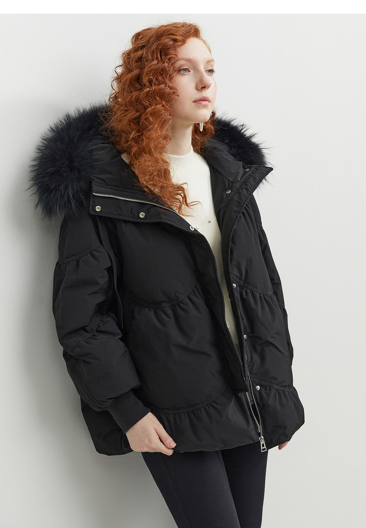 红袖hopeshow 冬季新款女装貉子毛宽松显瘦连帽*羽绒服 米 m