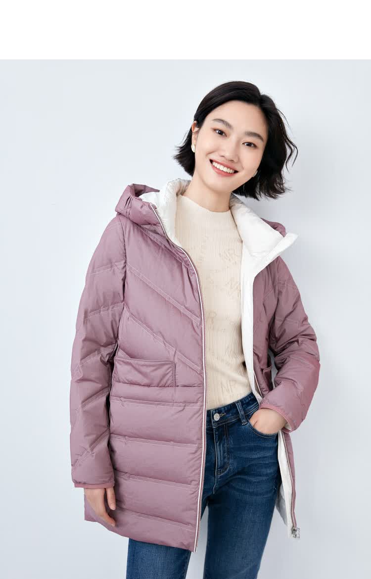 娜尔思naersi 冬装白鸭绒连帽羽绒服女中长款保暖防寒外套面包服 浅