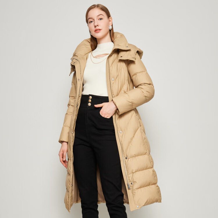 恩曼琳anmani21冬可拆卸帽收腰口袋拉链中长款女羽绒服卡其s