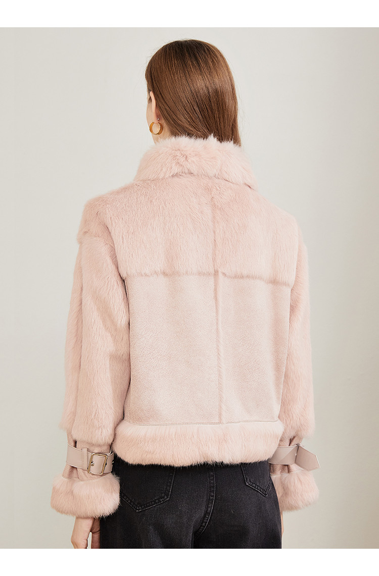 雪豹 优雅新潮翻领皮毛一体皮草外套 粉色 38