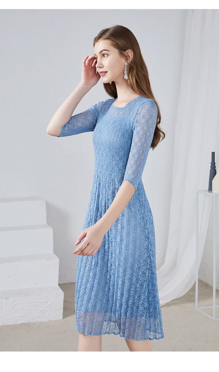 菲妮迪finity 夏新款网纱褶皱连衣裙时尚气质修身连衣裙夏 粉蓝色 m