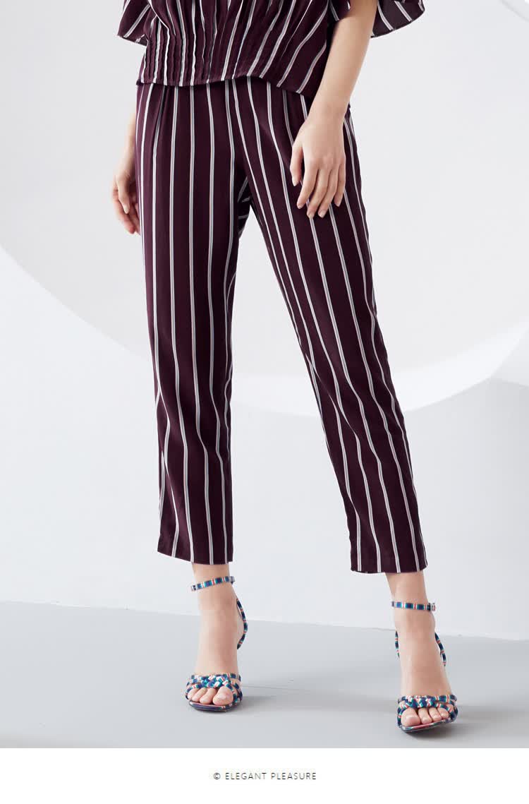 玖姿juzui /休闲撞色条纹时尚女裤休闲裤 条酒红 s