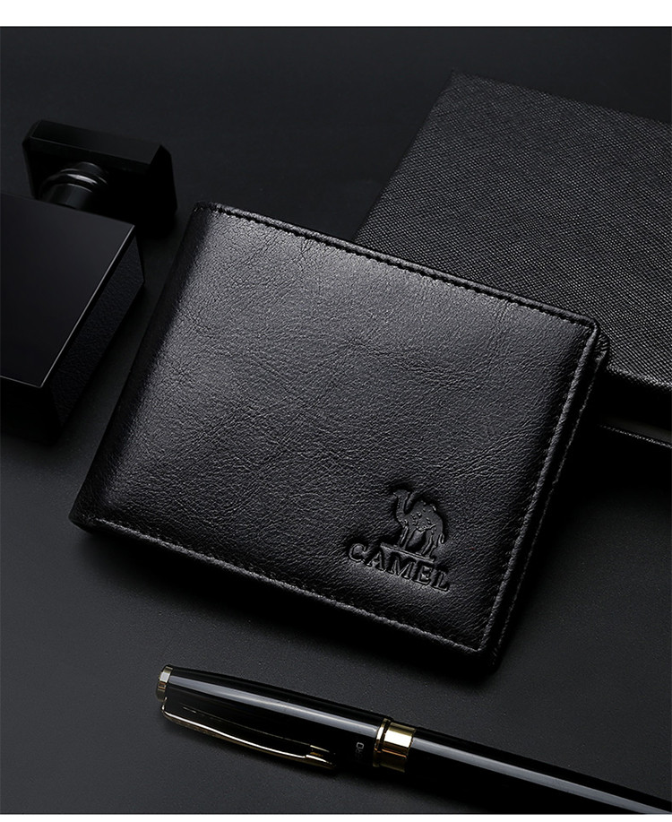 骆驼camel 男士钱包牛皮革薄钱夹子时尚绅士钱包青年皮夹 黑色 均码