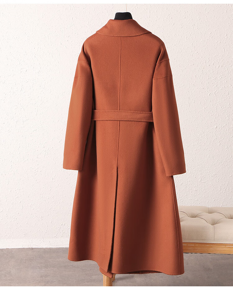 紫澜门zlm 春羊毛羊绒混纺翻领落肩灯笼袖双排扣女式中长款大衣 深咖