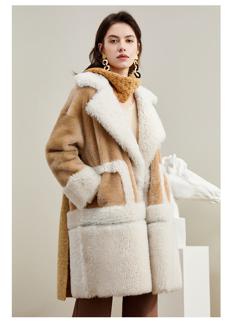 雪豹2020新款创意可拆拼色翻领中长款羊皮毛一体女皮草外套 拼色 38