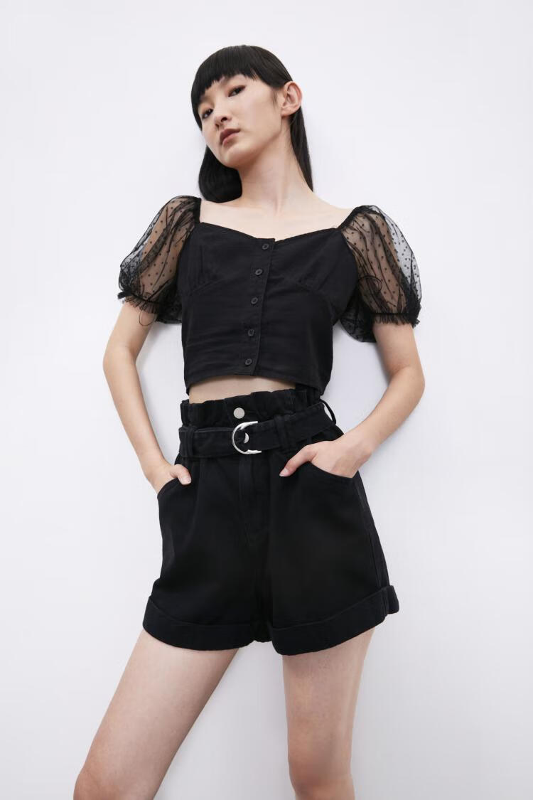 urbanrevivour青春气质拼接方领紧身短款衬衫yv19sbwn2000正黑s