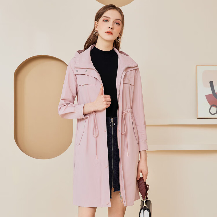 佳人苑jry 2021【春装新品】时尚纯色抽绳收腰设计连帽风衣外套女