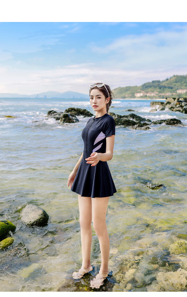 朵彩docare 连体平角裙式女士泳衣保守遮肚显瘦聚拢新款运动温泉泳衣