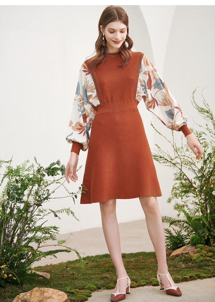 诗篇psalter 影儿女装2021春季新款假两件灯笼袖欧根纱拼接圆领连衣裙