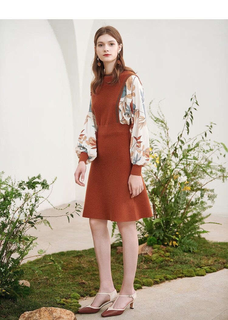 诗篇psalter 影儿女装2021春季新款假两件灯笼袖欧根纱拼接圆领连衣裙