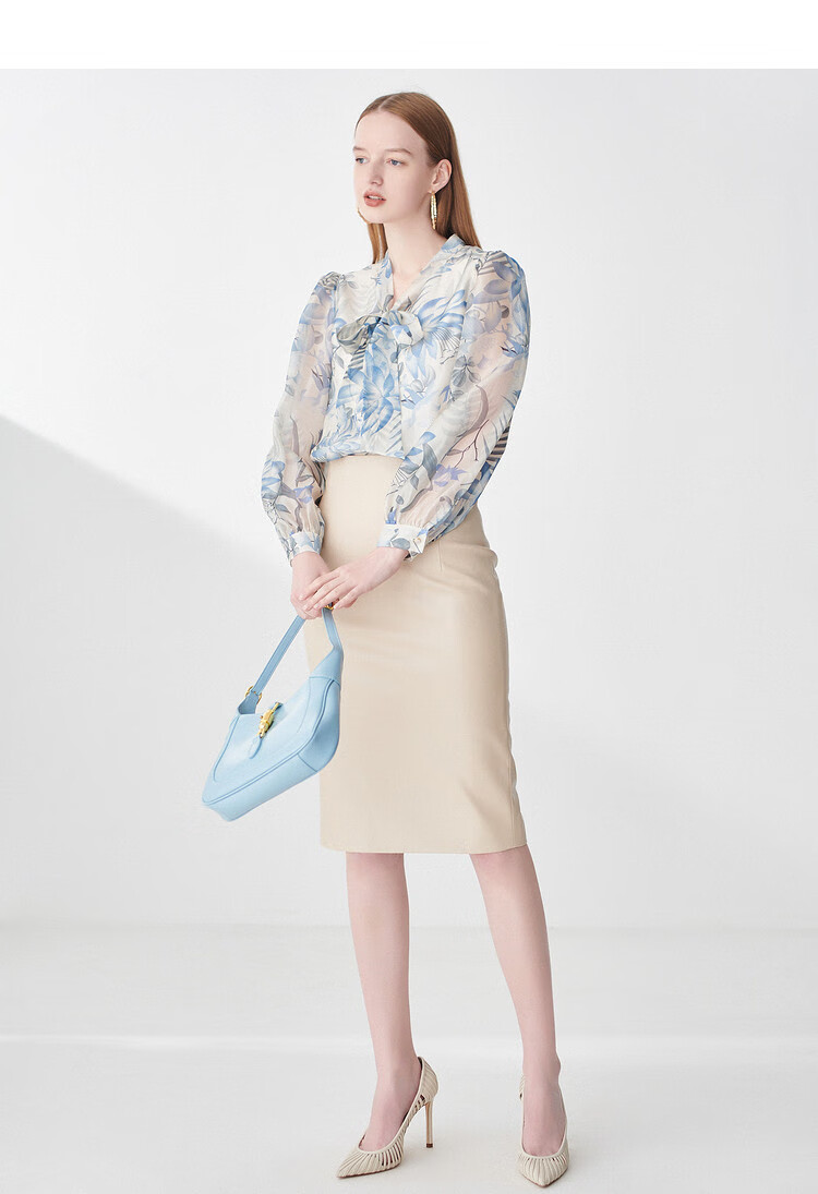 诗篇psalter 影儿女装2021春季新款植物印花飘带领宽松欧根纱女衬衫