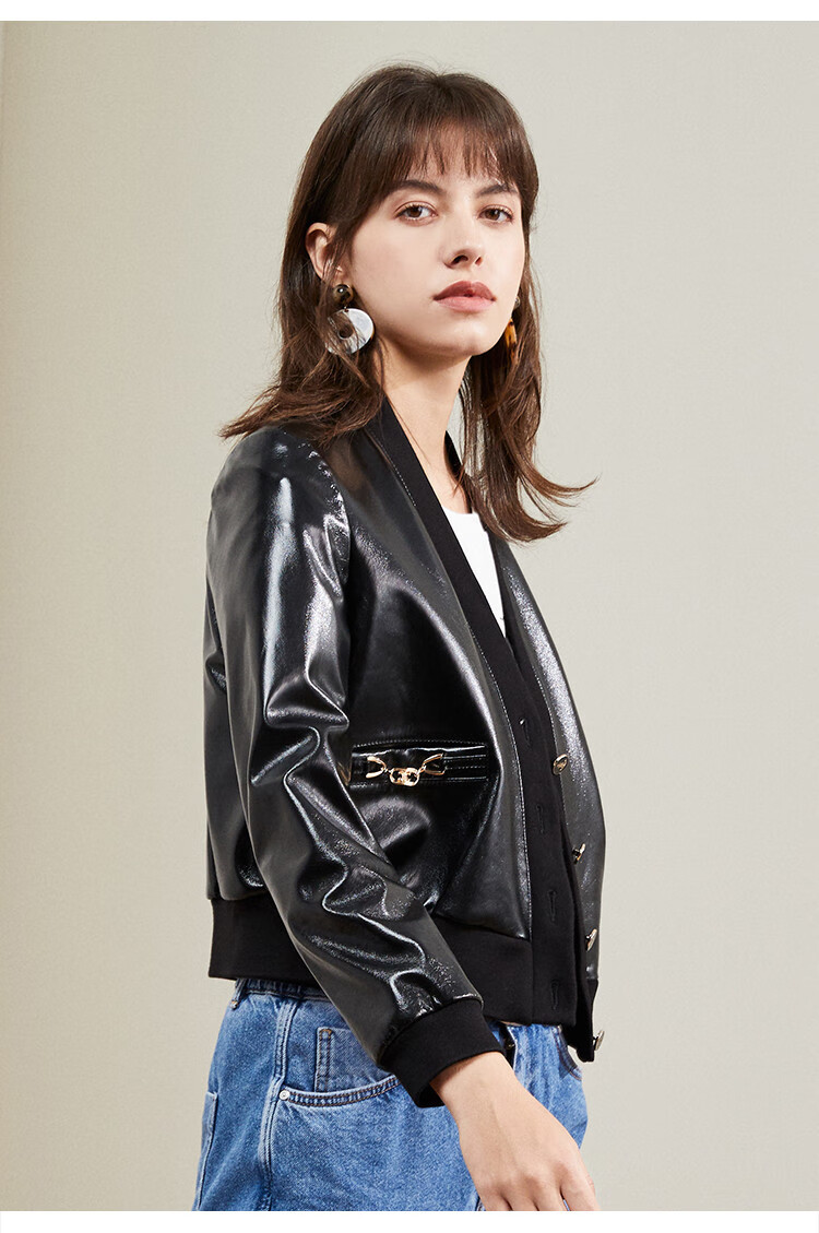 雪豹 时尚小短款漆皮真皮皮衣女士外套 黑色 38