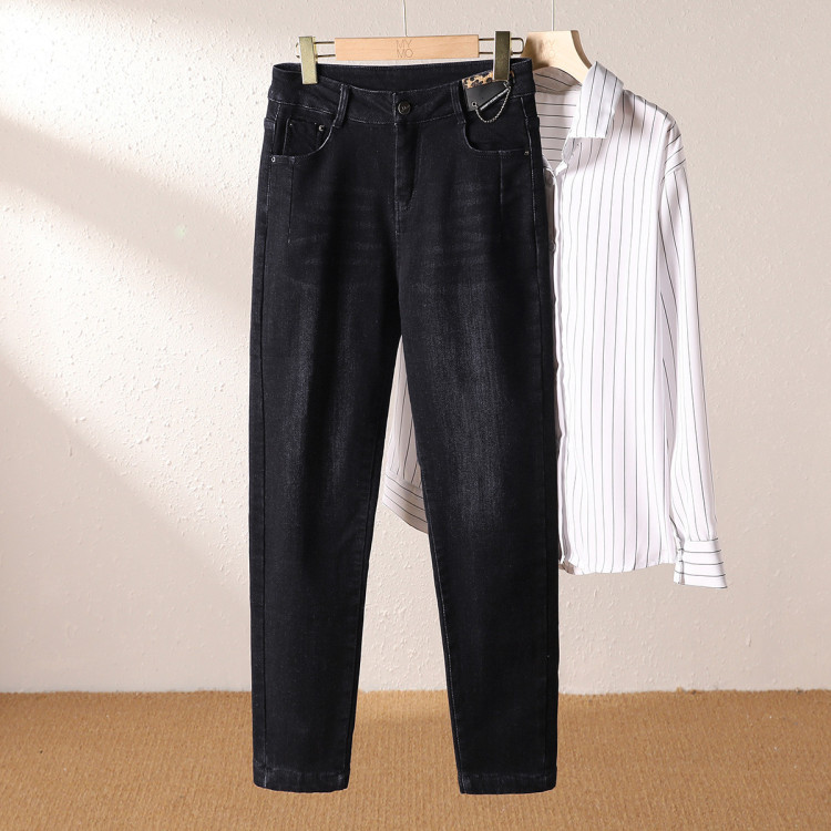 mymo 【侧边皮质加链条装饰】2021秋冬新品棉质加绒高腰九分牛仔裤 黑