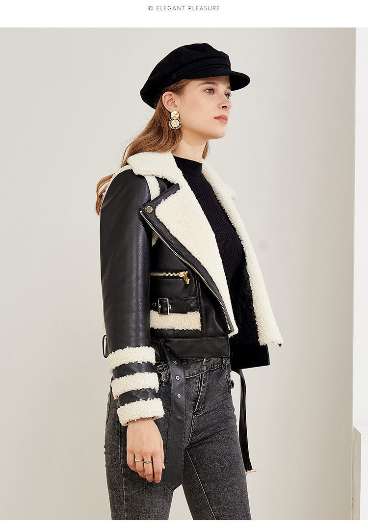 雪豹 短款机车款拼接羊毛皮棉皮衣皮草 黑色 38