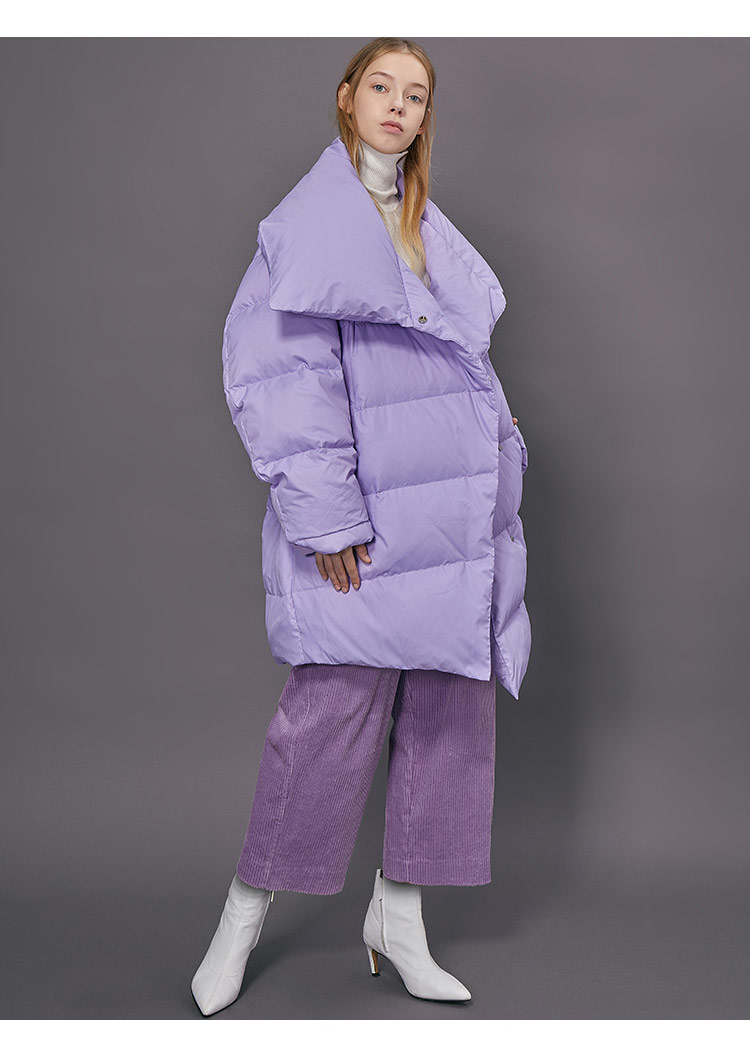 百家好冬季韩系时尚大翻领系带腰带字母刺绣女式羽绒服外套 淡紫色 xs