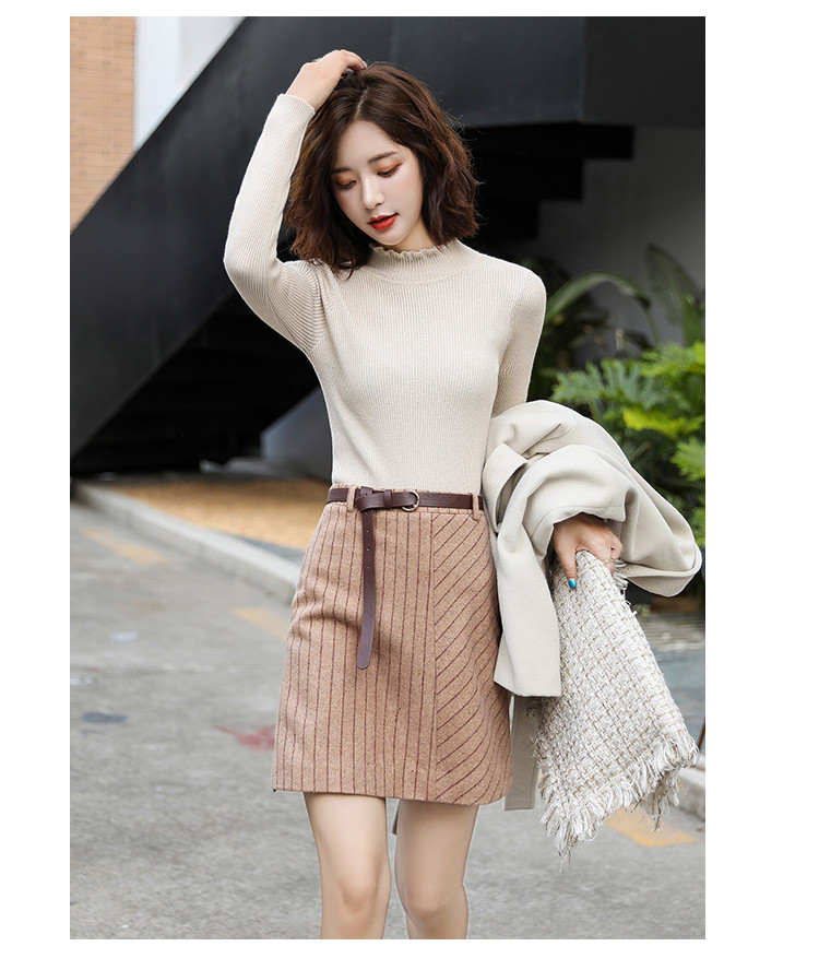 lacrawfish2021春装新款高腰条纹不对称羊毛呢a字短裙女士半身裙驼色s