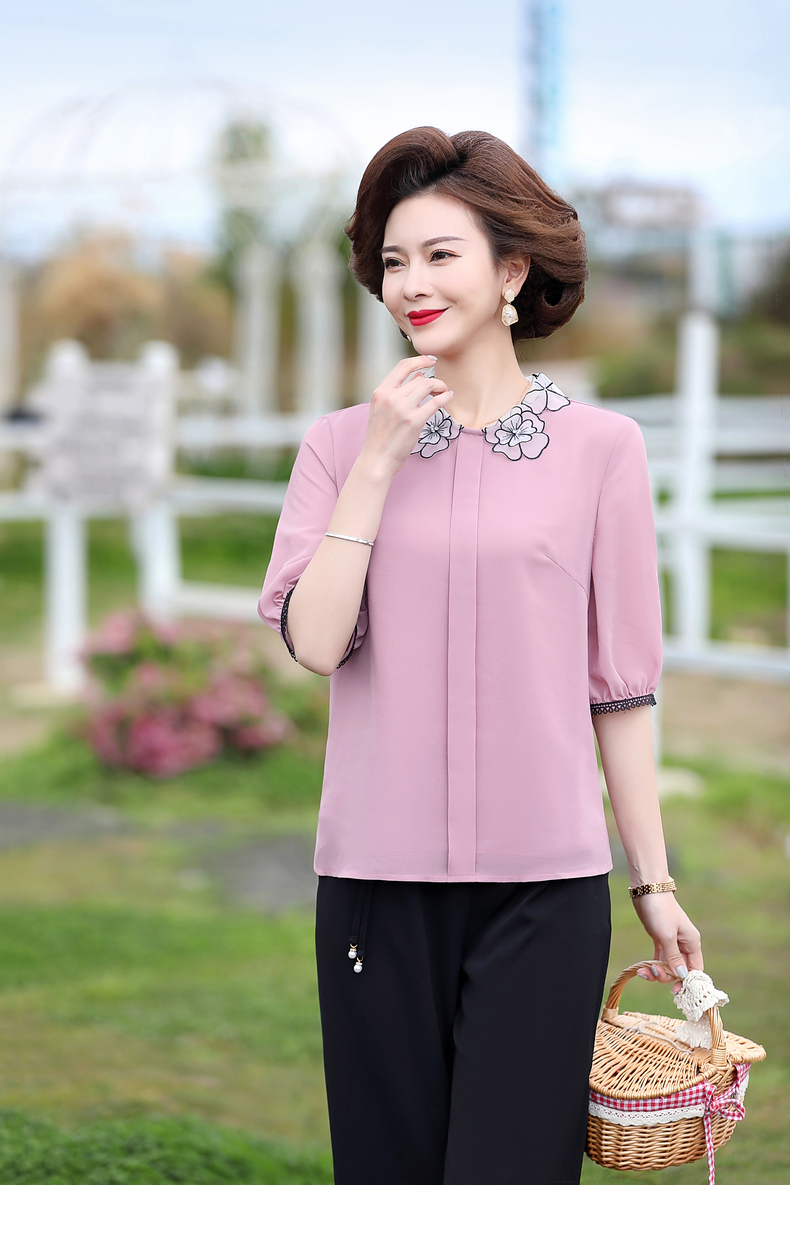 宝莲朵妈妈装夏装气质上衣中年女装蕾丝绣花短袖雪纺中老年半袖t恤