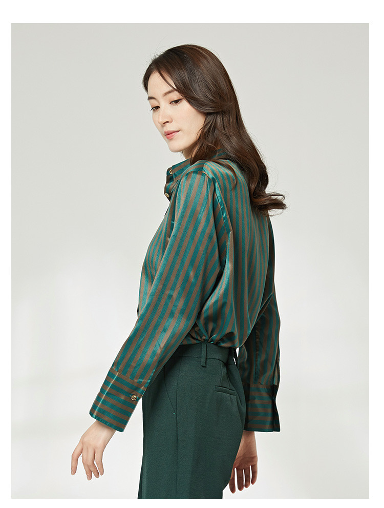 敦奴dunnu条纹衬衫女长袖秋装2020新款女装潮款内搭上衣绿色l