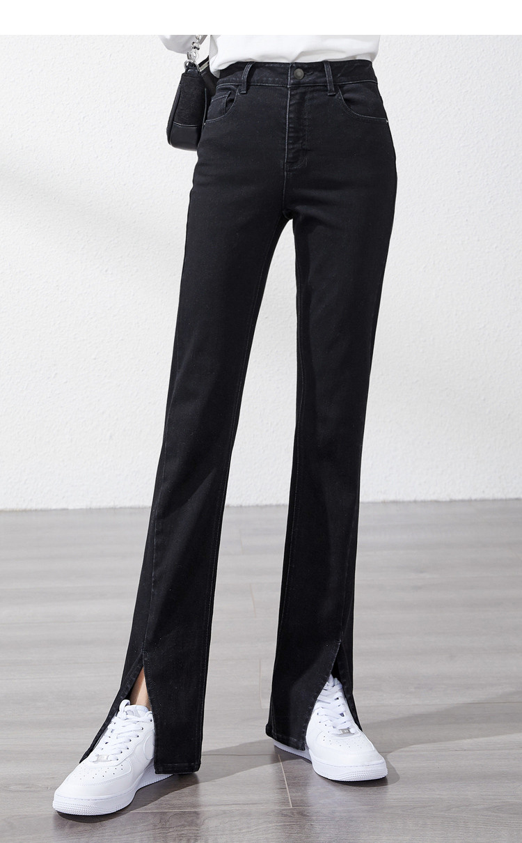 【21新品女裤春】牛仔裤女开叉修身显瘦弹力微喇裤女裤子女长裤 黑色