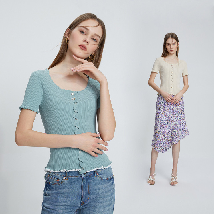 朗姿lancy 天蚕丝纱线短袖上衣女夏装21新款低领针织衫 浅米色 s