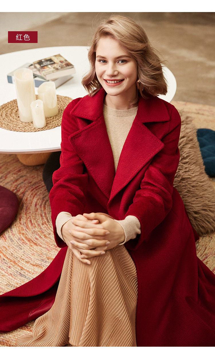 哥弟girdear 水波纹翻领羊毛长款外套毛呢大衣 黑 s